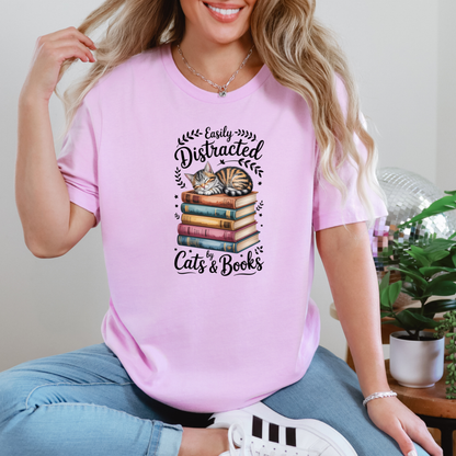 Easily Distracted by Cats & Books Graphic Tee